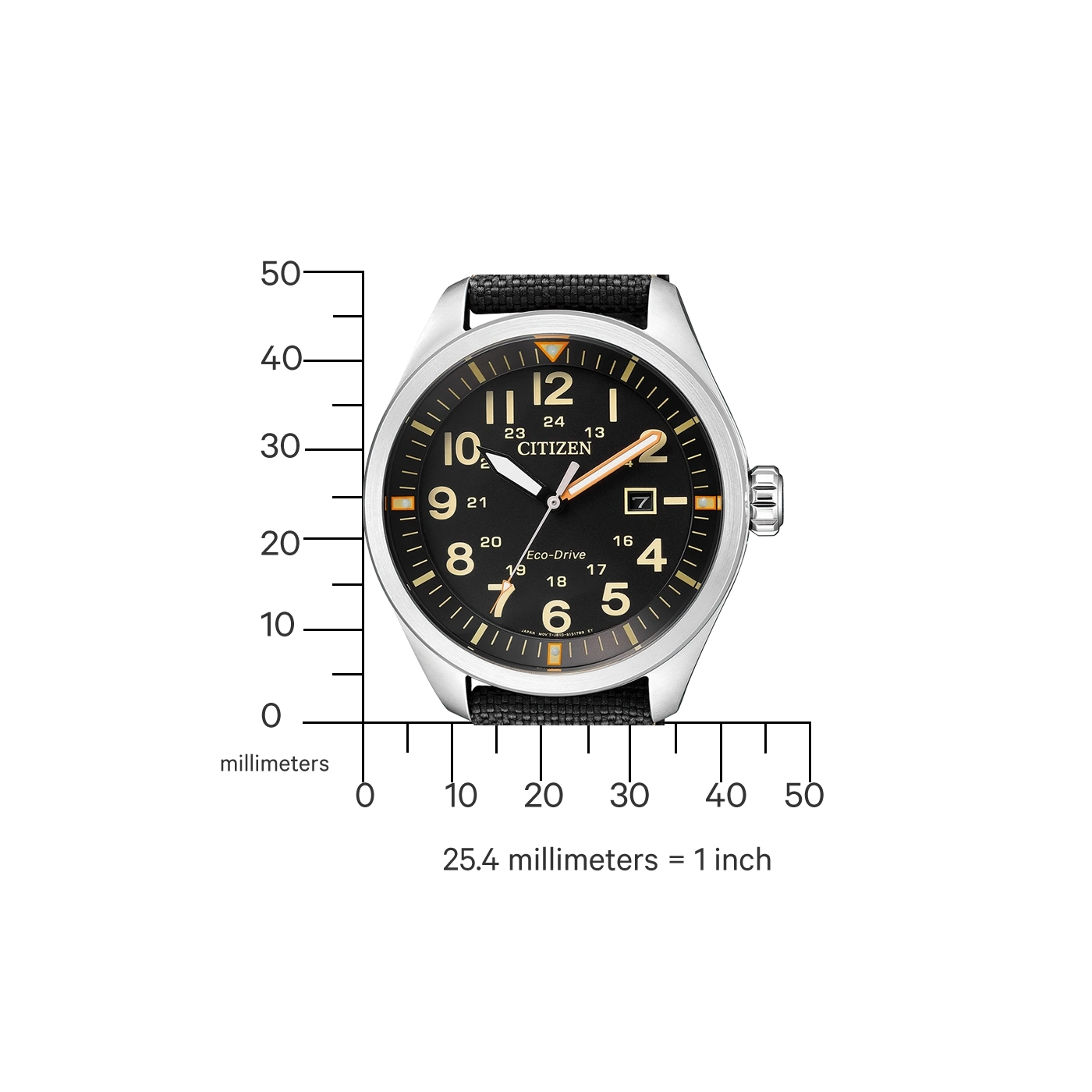 Citizen horloge met zwarte wijzerplaat, cijfers en een zwarte band.