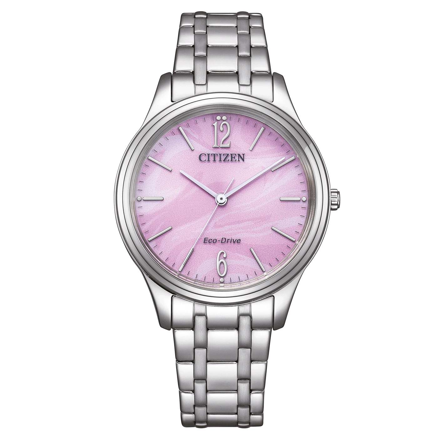 Citizen horloge met roze wijzerplaat en zilveren band, elegant design.