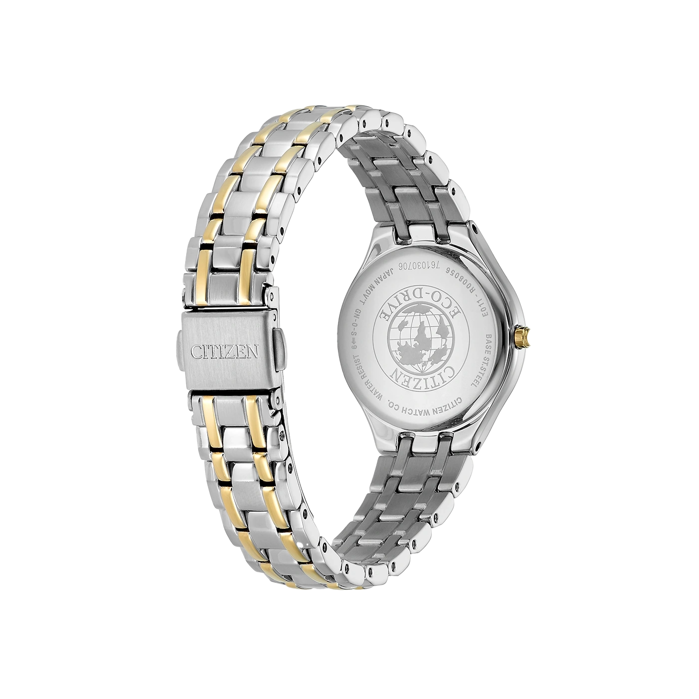 Citizen horloge achterkant met zilveren en gouden armband en logo.