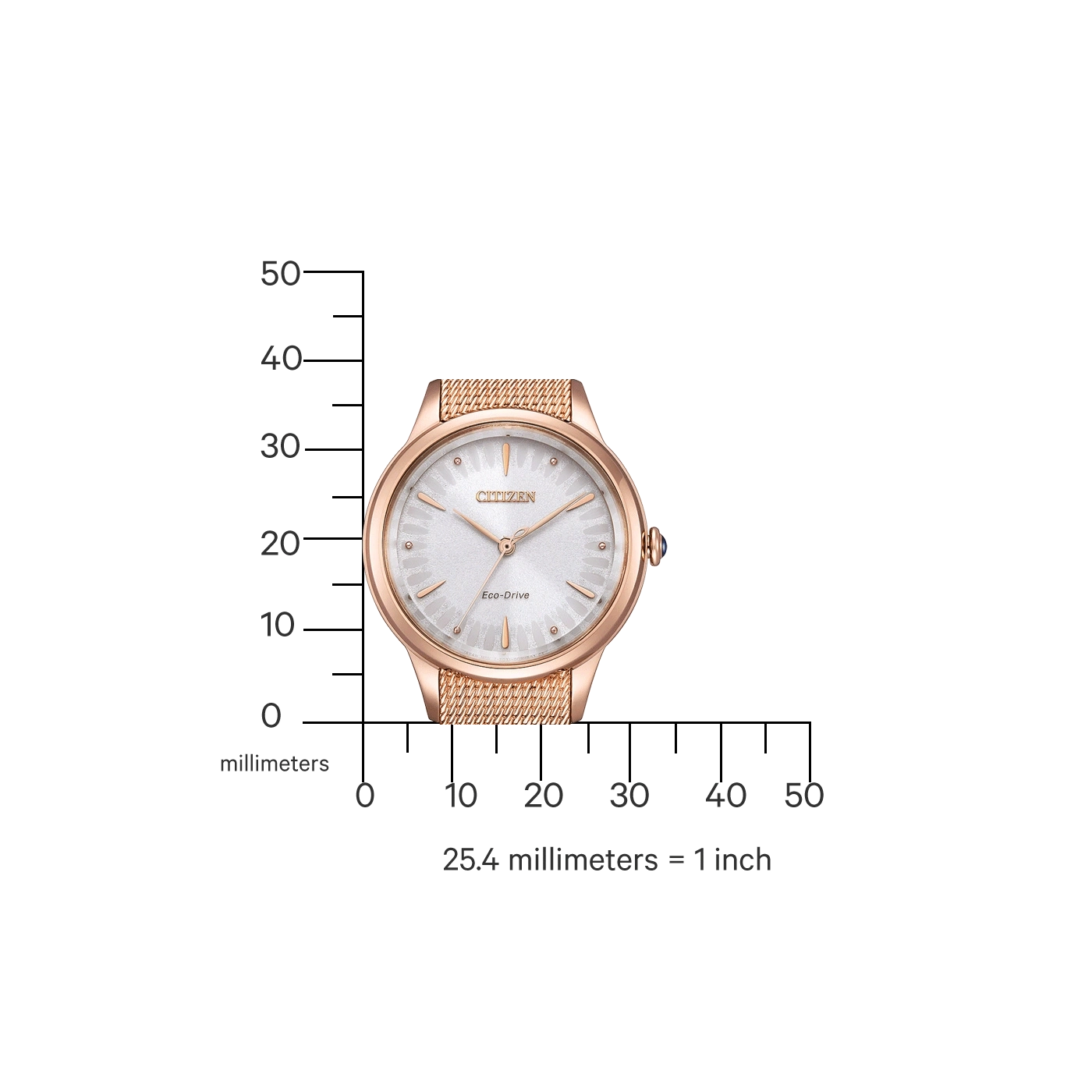 Citizen horloge met roségouden kast en mesh band, gemeten in millimeters.