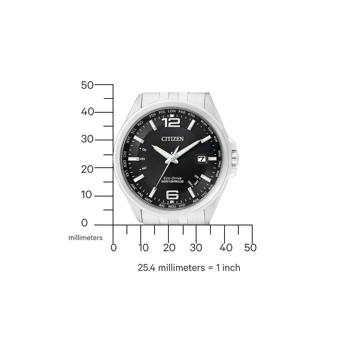Citizen horloge met zwarte wijzerplaat, tijdindicatoren en wereldtijdzones.