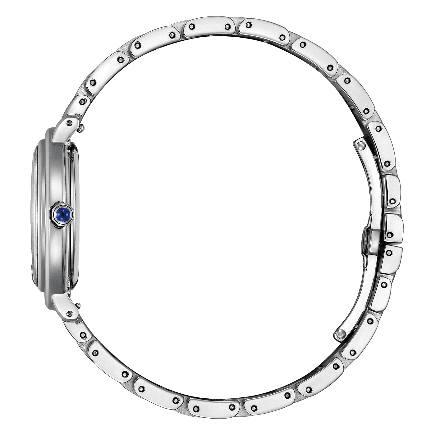 Zilveren horloge met een blauwe edelsteen en metalen band, zijaanzicht.