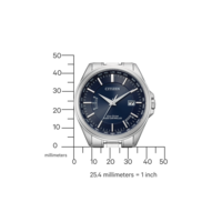 Citizen horloge met blauwe wijzerplaat, zilveren band en tijdzone-indicatoren.
