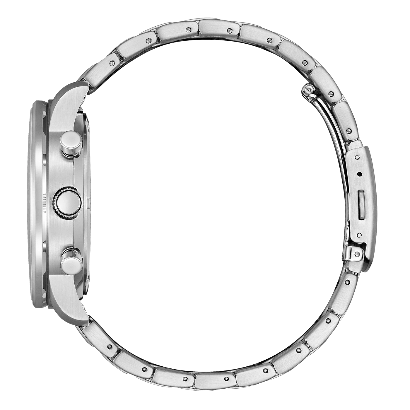 Zijaanzicht van een zilveren polshorloge met een metalen band en een witte achtergrond.