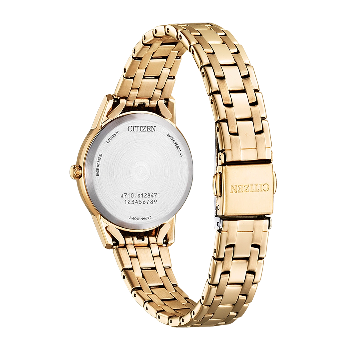 Gouden Citizen horloge, achteraanzicht, met details van de wijzerplaat en band.