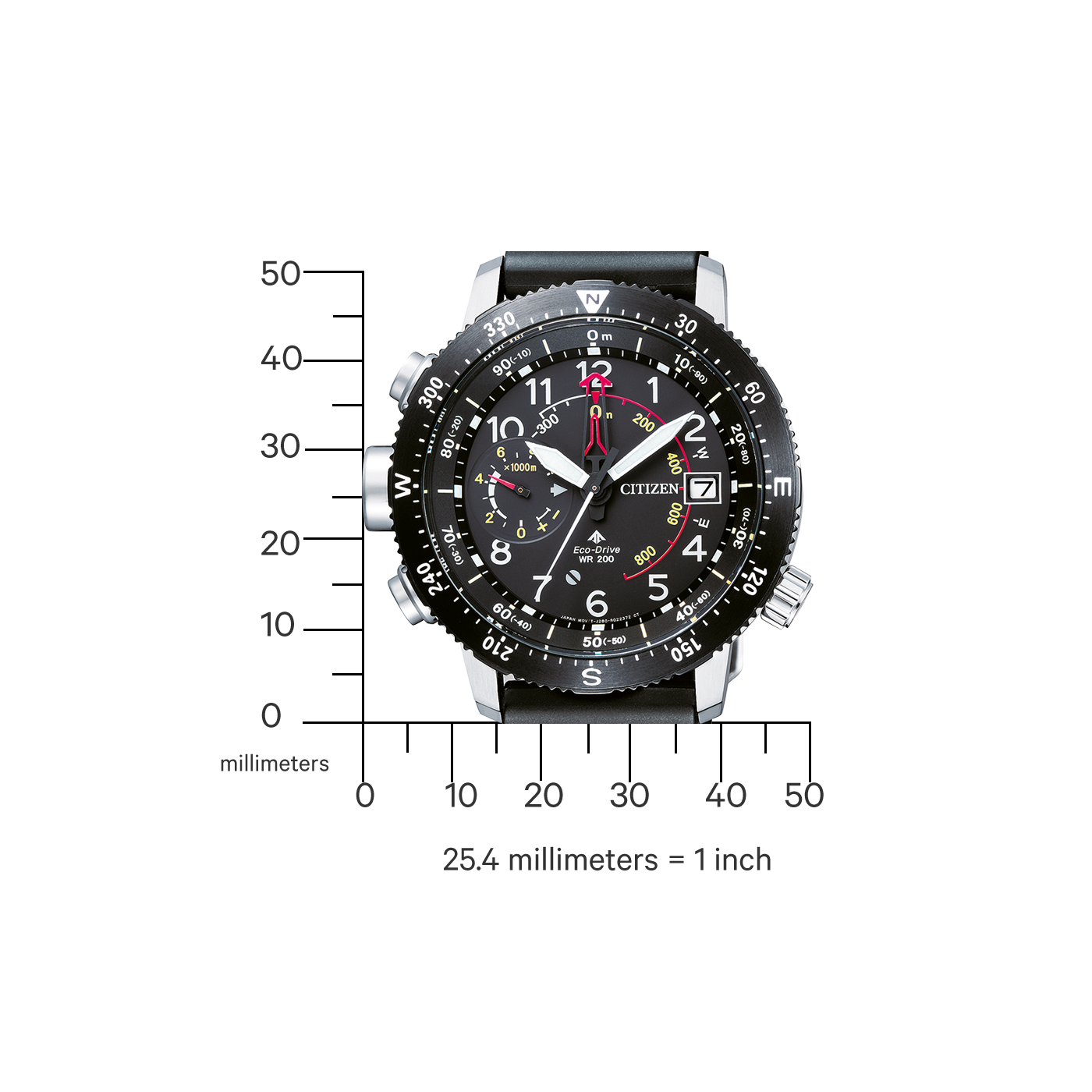 Citizen horloge met zwarte wijzerplaat, cijfers en wijzers, met zwarte band.