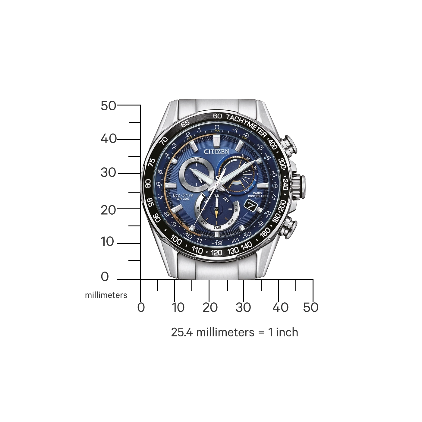 Citizen horloge met blauwe wijzerplaat, tachymeter en Eco-Drive technologie, toont tijd en datum.