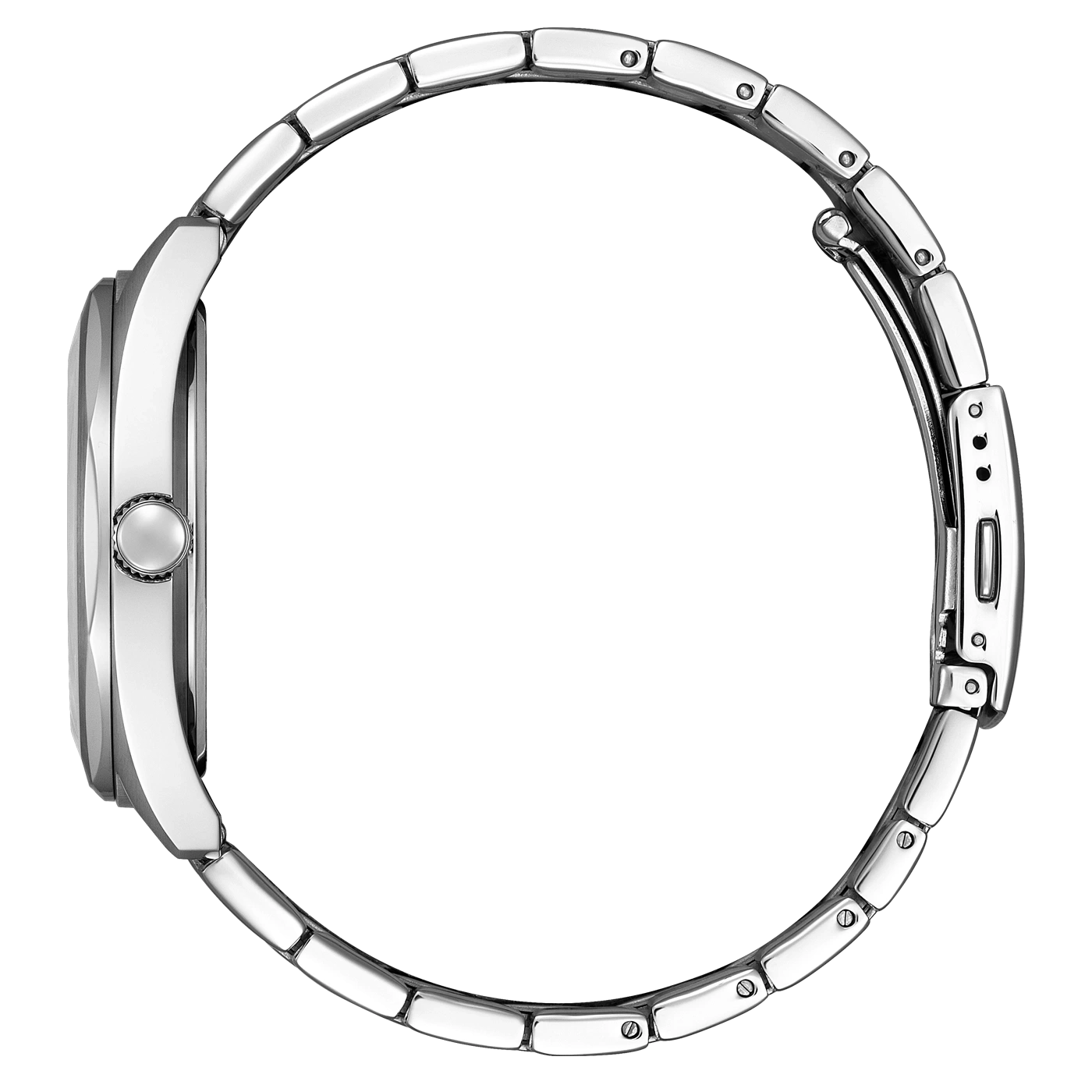 Zijaanzicht van een zilveren horloge, met de band en de wijzerplaat.
