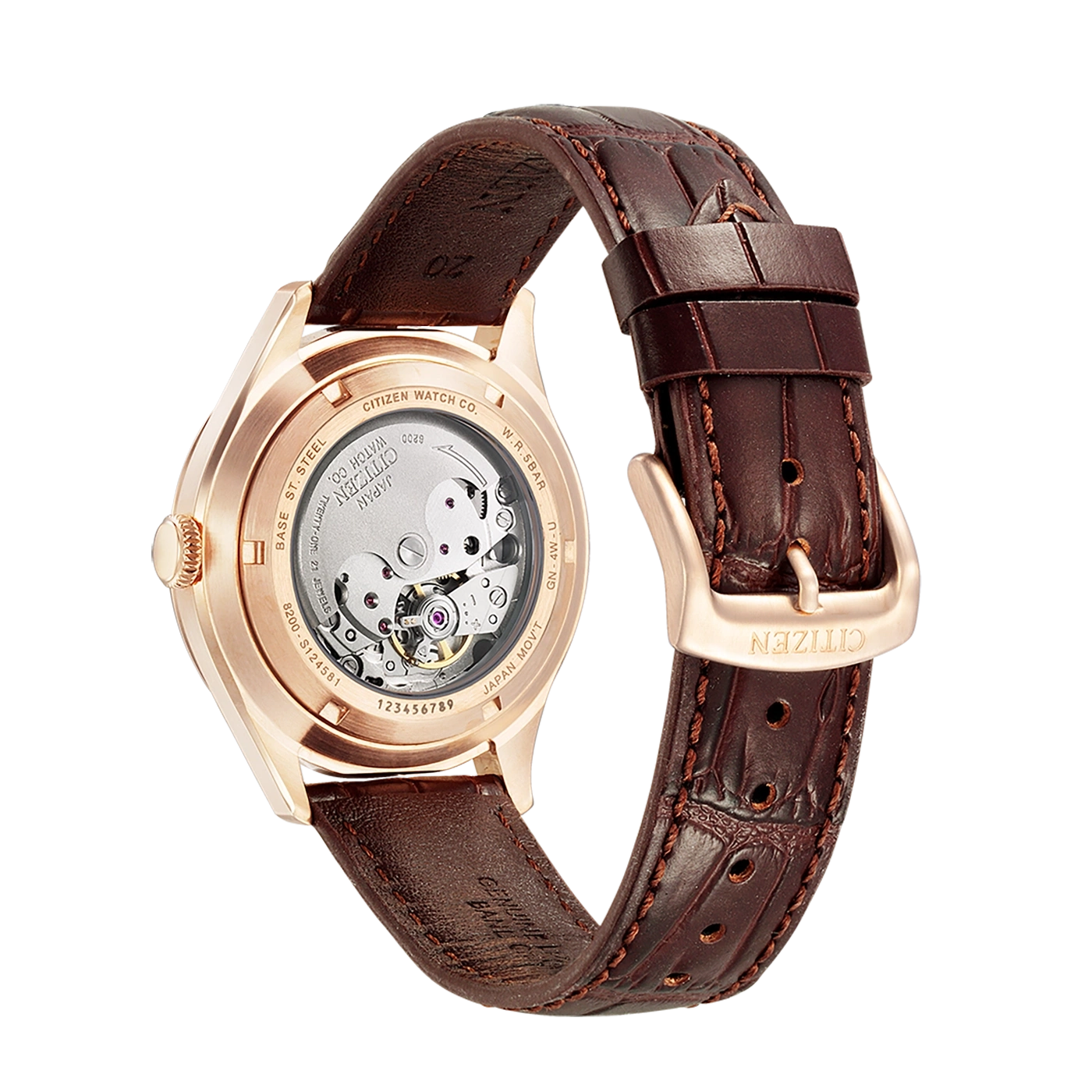 Citizen horlogerug met bruine leren band, zichtbaar mechanisme en merkdetails.