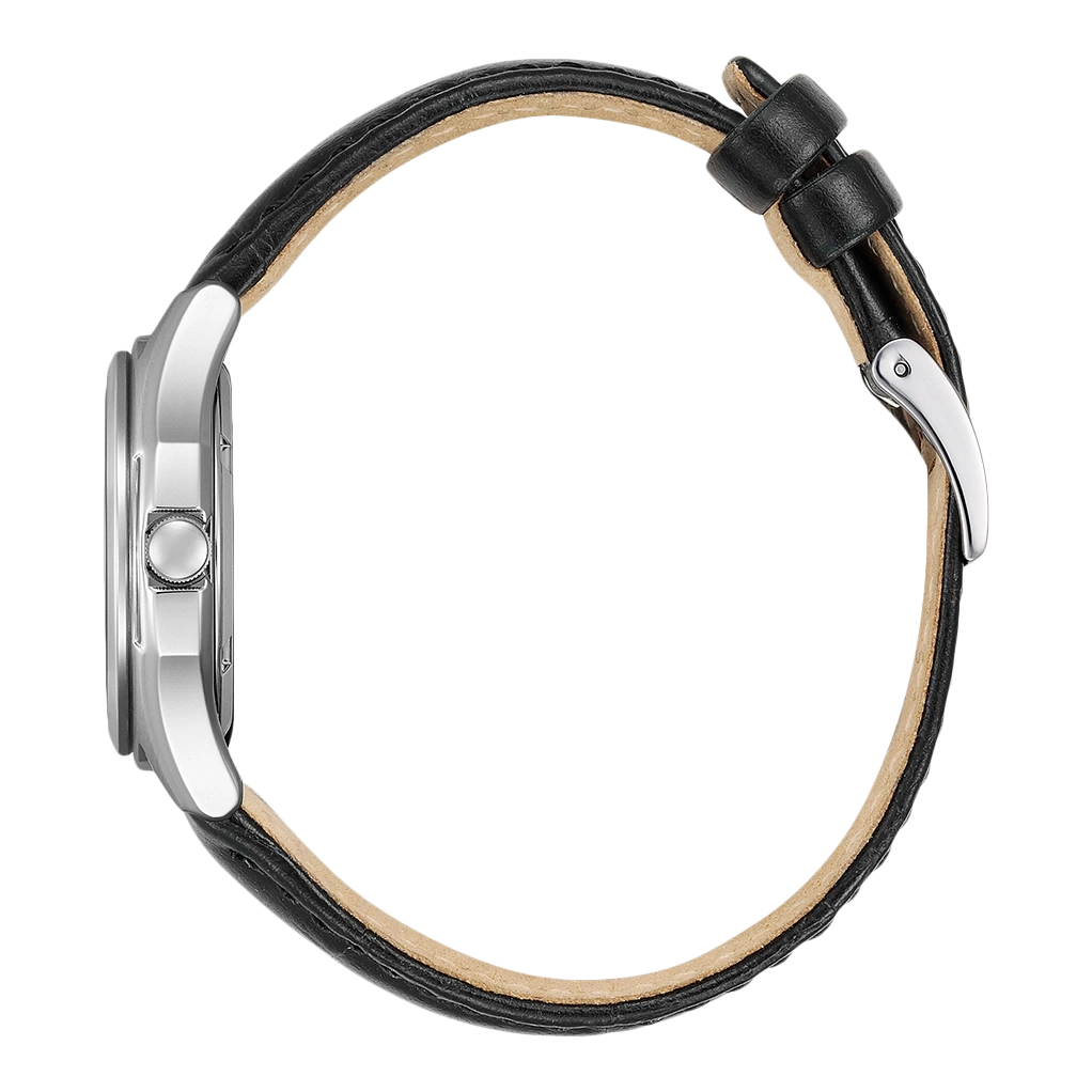 Zijaanzicht van een zilveren horloge met een zwarte leren band.