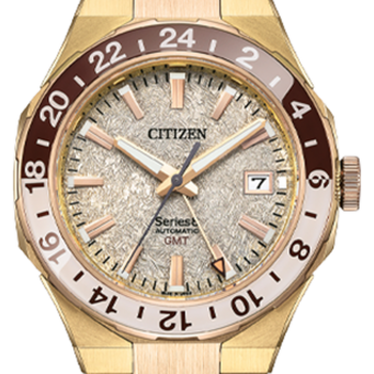 Citizen horloge met gouden kast, bruine bezel en datumweergave op 3 uur.