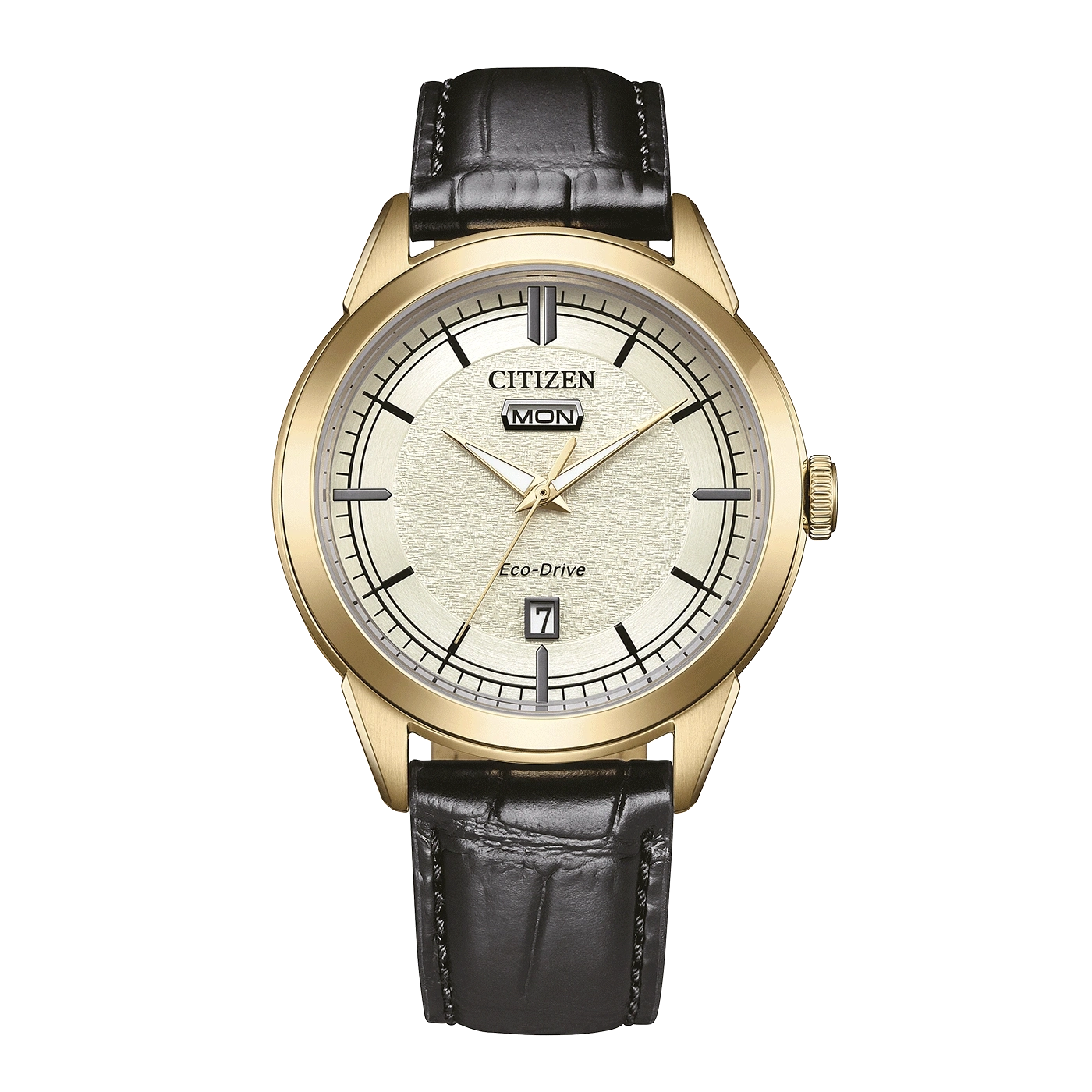 Een gouden Citizen Eco-Drive horloge met een getextureerd champagnekleurig wijzerplaat en zwarte leren band.