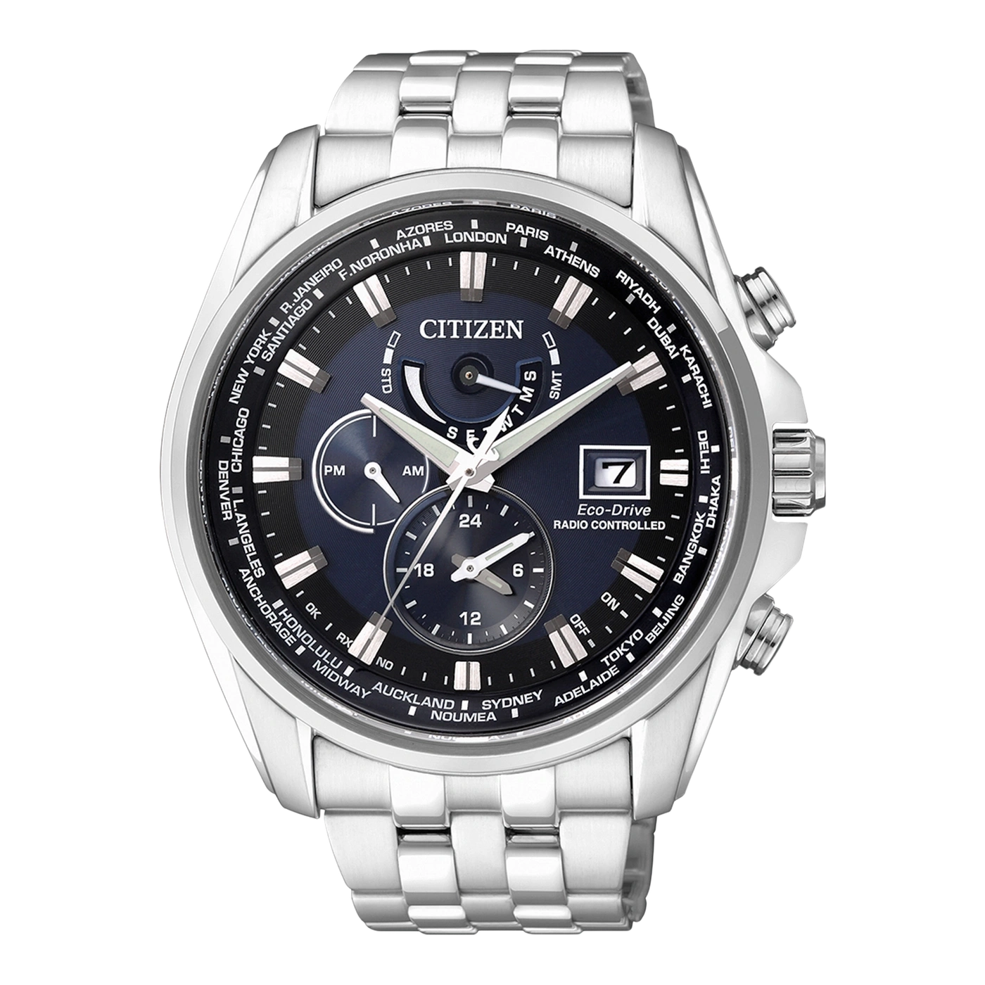 Citizen horloge met wereldtijdfunctie, roestvrij staal, blauwe wijzerplaat, radiogestuurd, datumweergave.