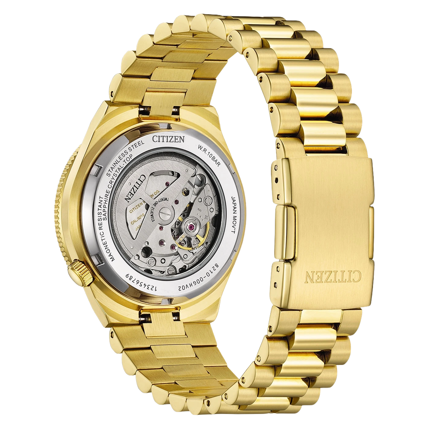 Een gouden Citizen horloge met een open achterkant die het uurwerk toont.