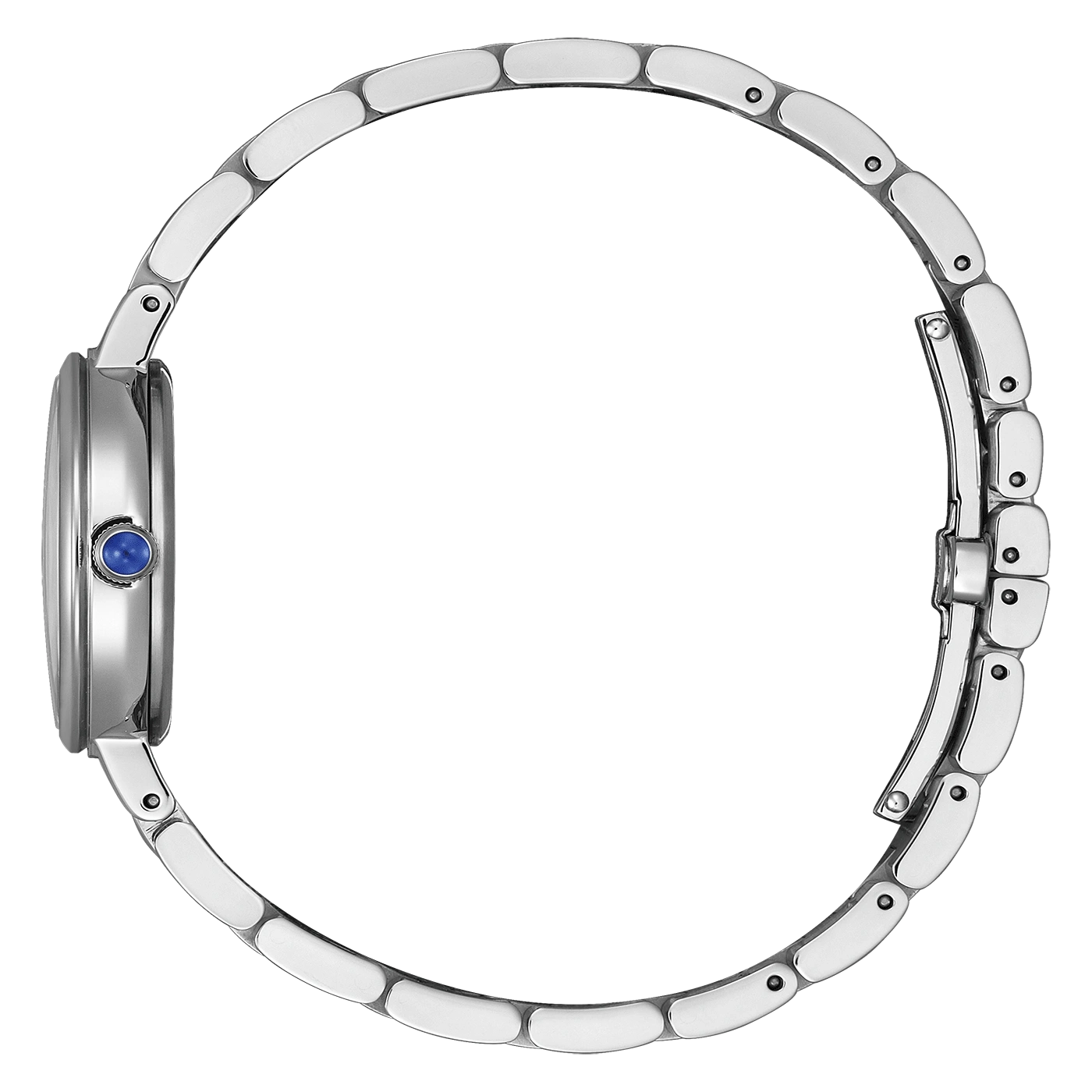 Zilveren horloge met blauwe edelsteen, zijaanzicht, op groene achtergrond