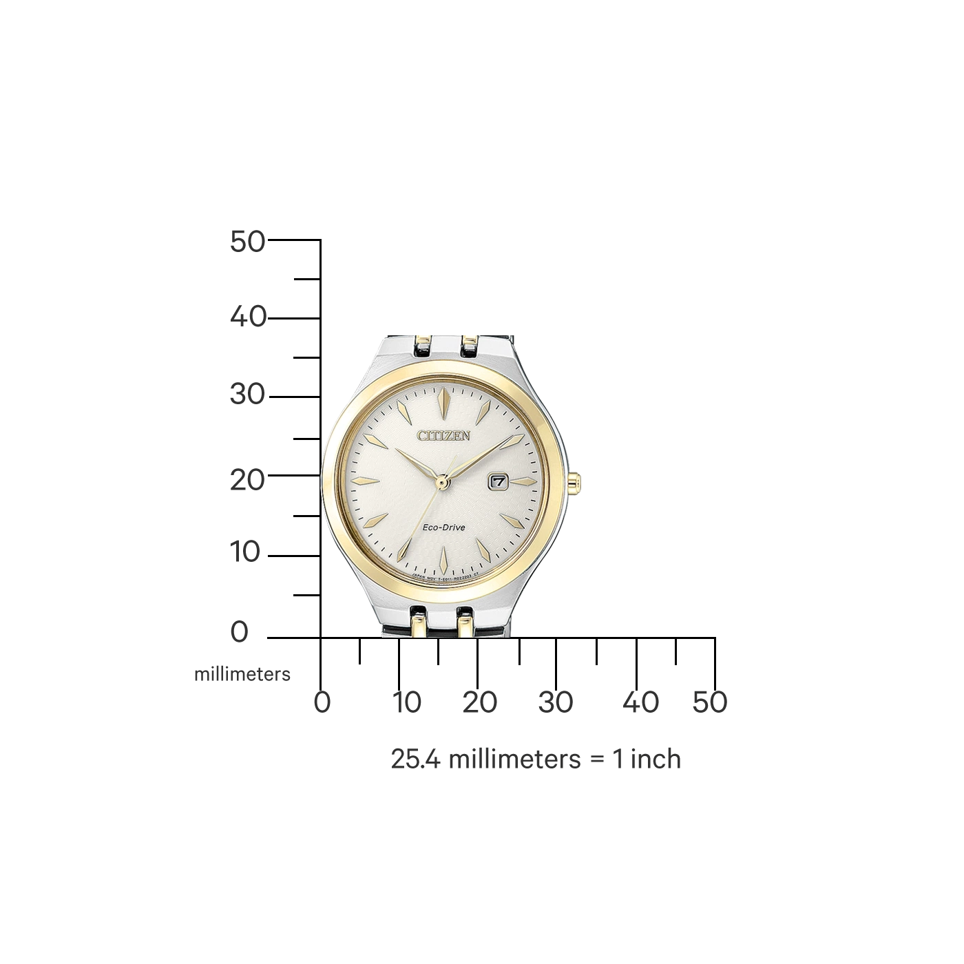 Citizen horloge met gouden accenten, meetschaal en Eco-Drive technologie.
