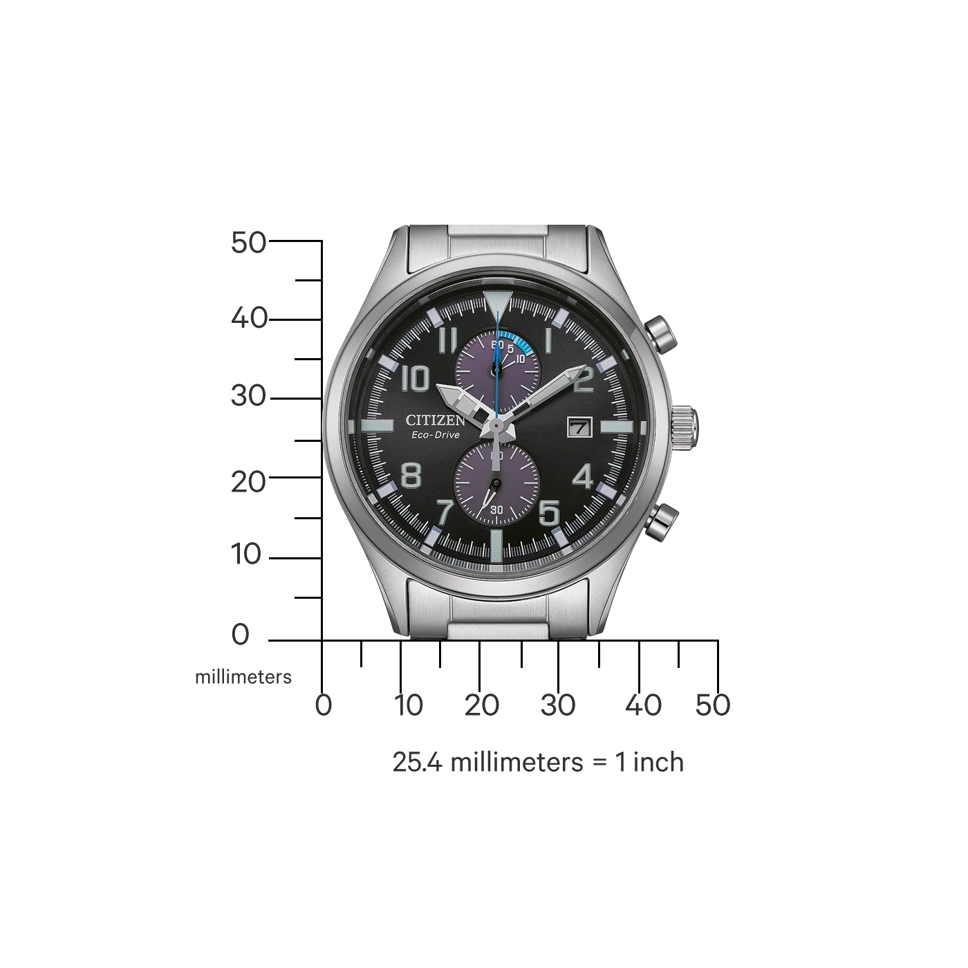 Citizen Eco-Drive horloge met zwarte wijzerplaat, zilveren band en chronograaf functies.