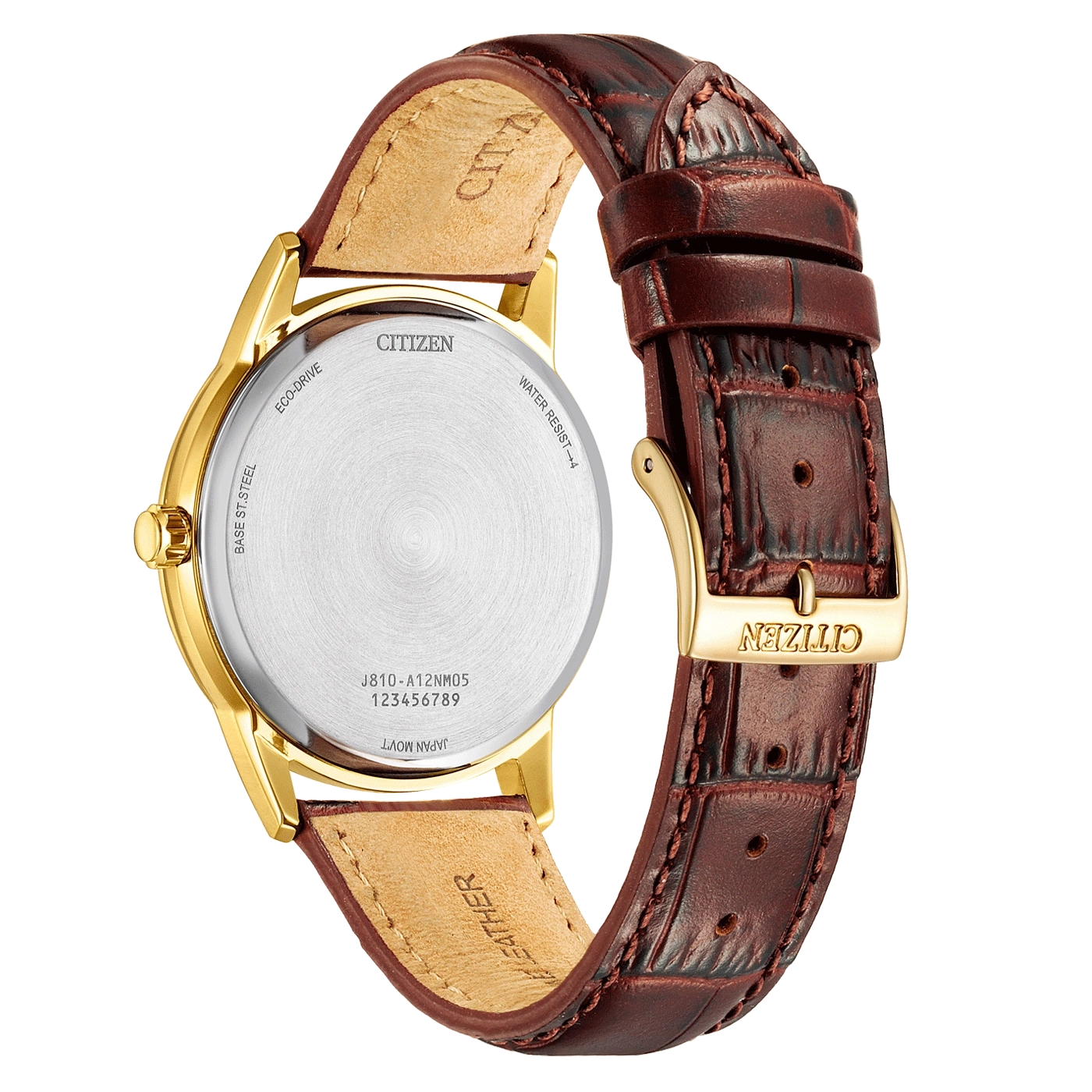 Citizen horlogerug met leren band, gouden kast en merkdetails.