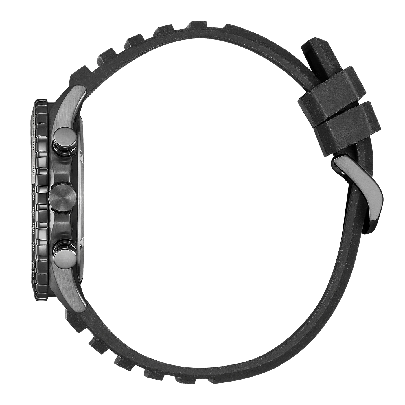 Zijaanzicht van een zwarte digitale horloge met rubberen band.