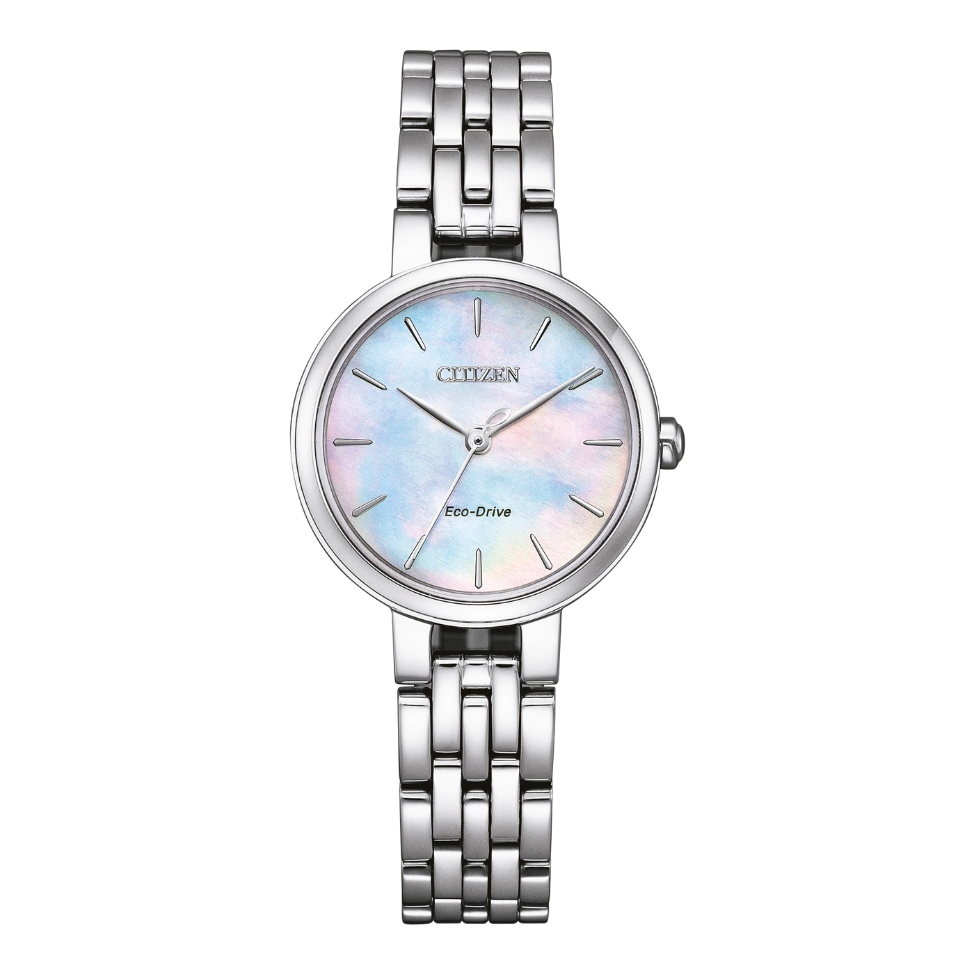 Citizen Eco-Drive horloge met zilveren band en kleurrijke wijzerplaat.