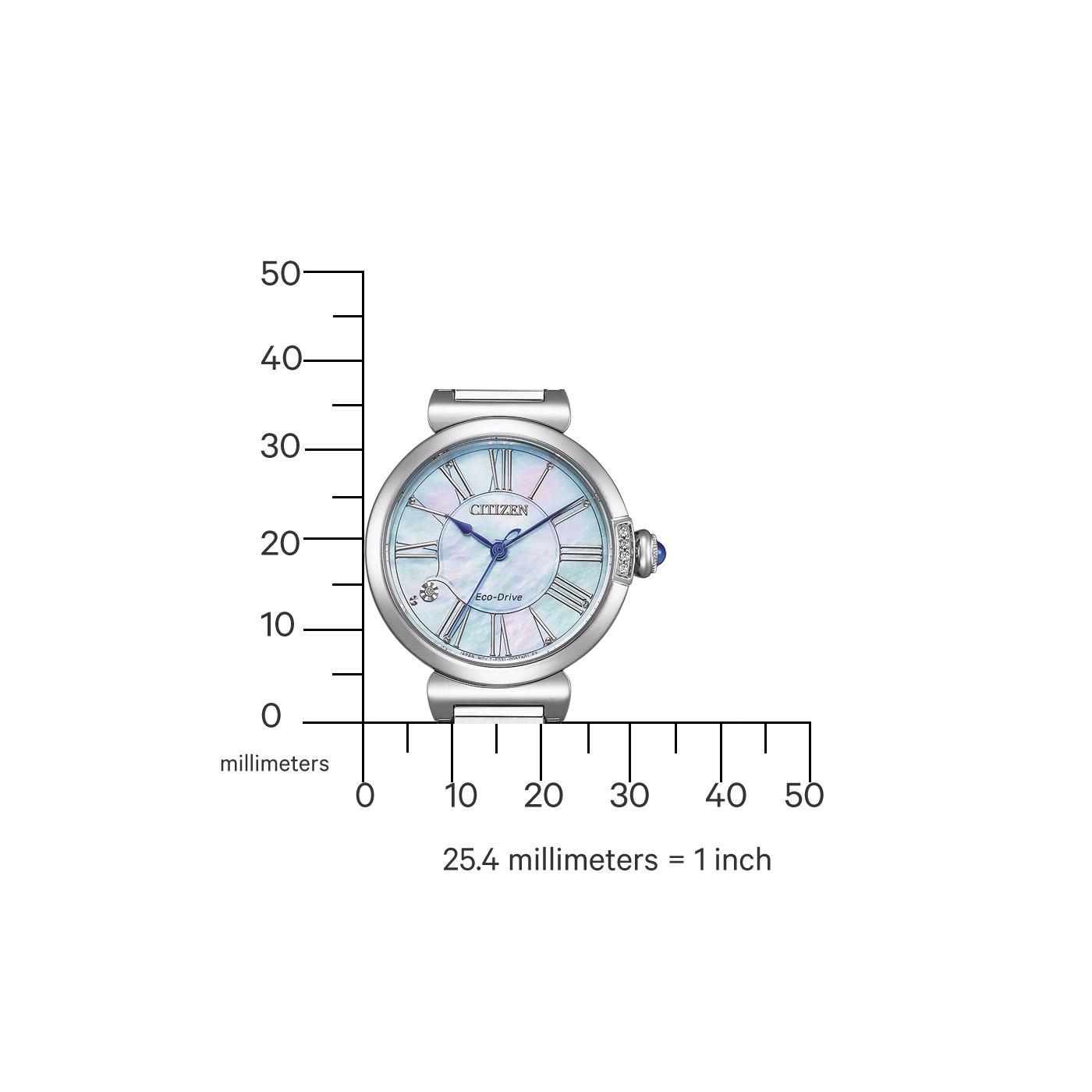 Citizen horloge met blauwe wijzerplaat en Romeinse cijfers, gemeten in millimeters.