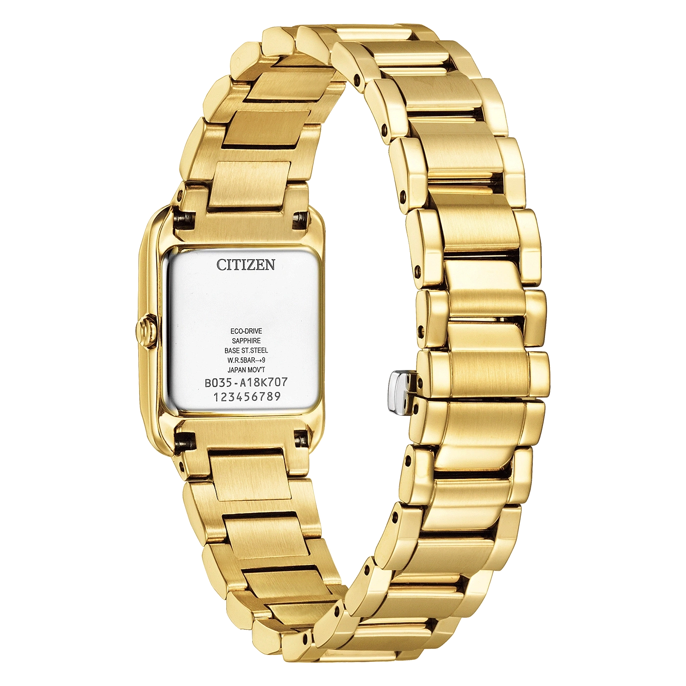 Gouden Citizen horloge met een rechthoekige wijzerplaat en metalen band.