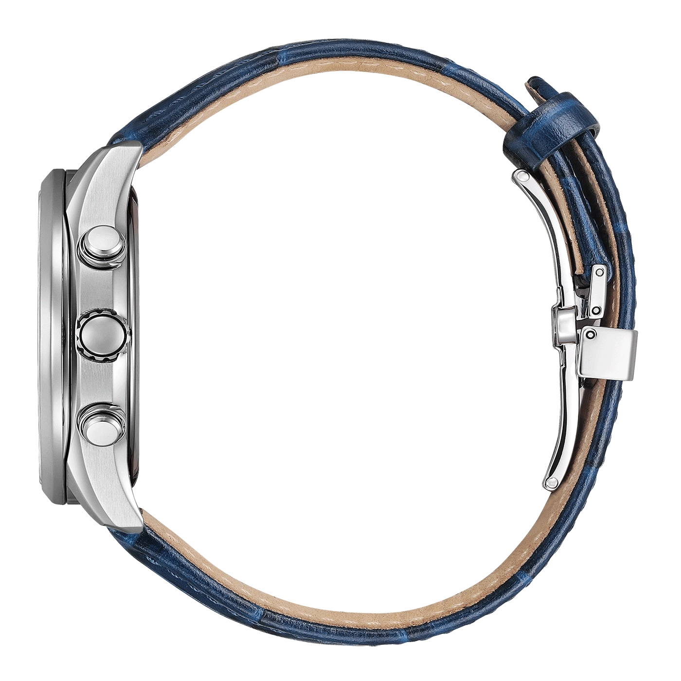 Zijaanzicht van een zilveren horloge met een blauwe leren band op een groene achtergrond.