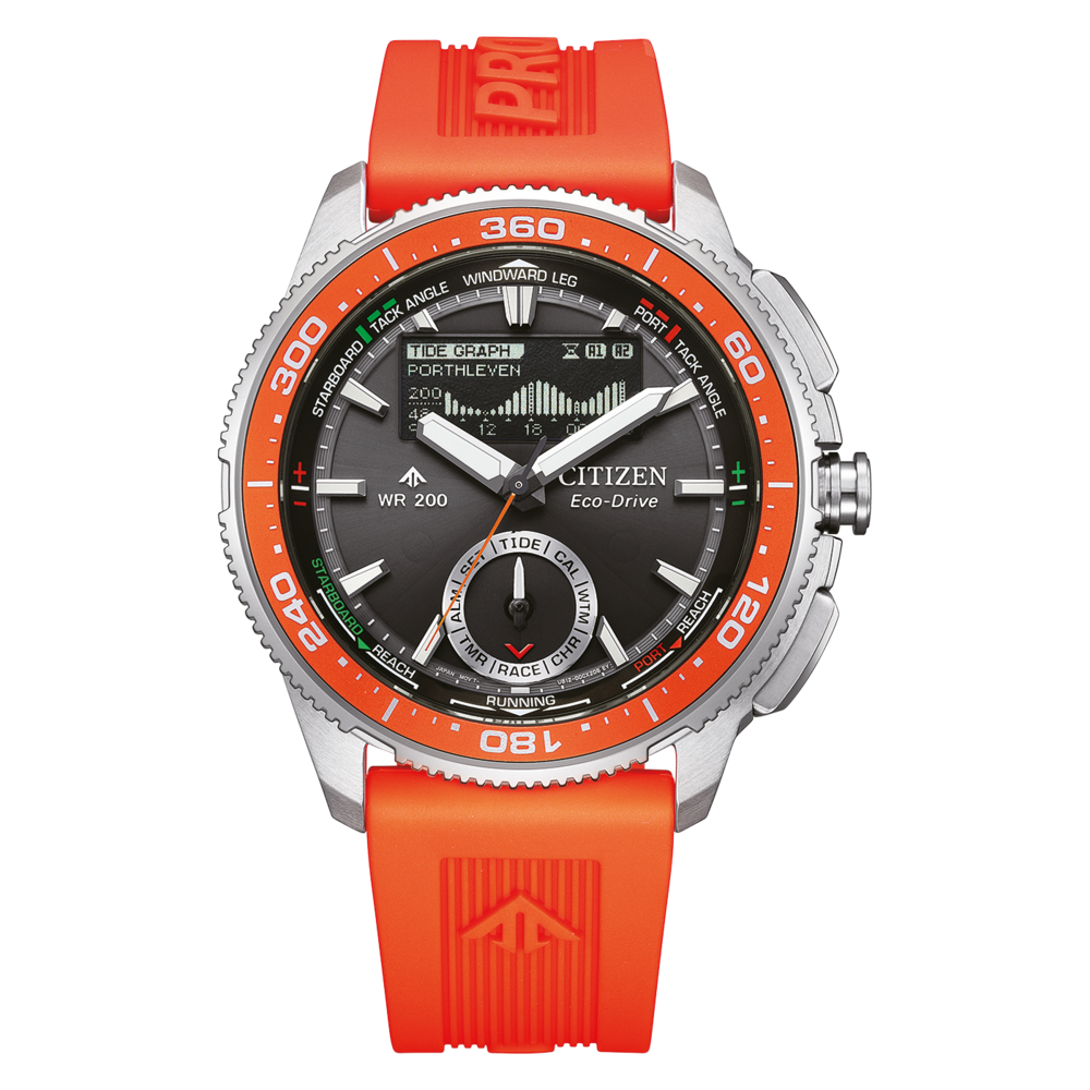 Een Citizen Eco-Drive horloge met oranje band en bezel.