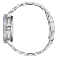 Zijaanzicht van een roestvrijstalen horloge met blauwe wijzerplaat.