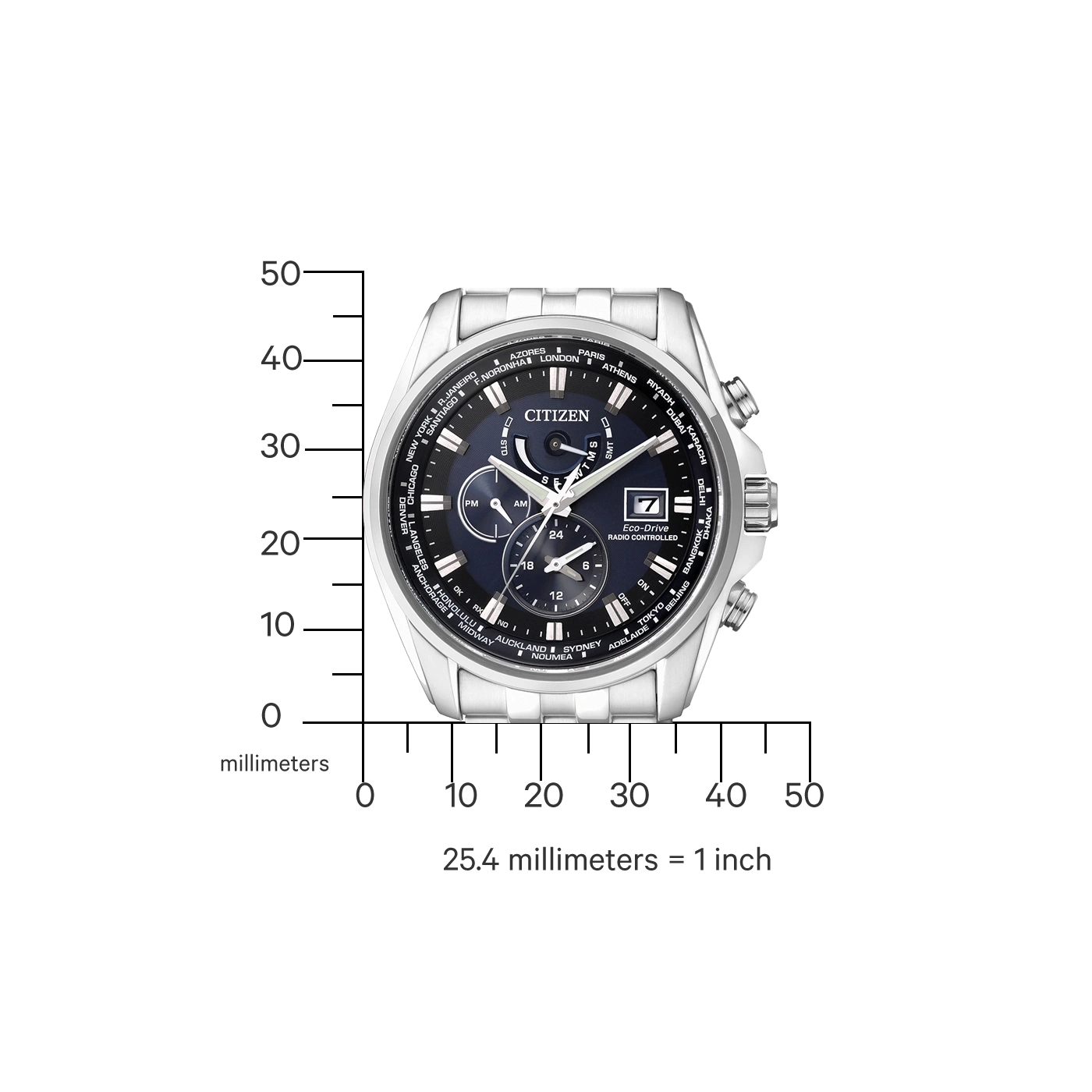 Citizen horloge met wereldtijdfunctie, zwarte wijzerplaat en zilveren band. Eco-Drive technologie.
