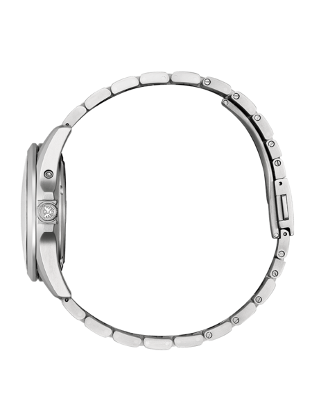 Zijaanzicht van een zilveren polshorloge met metalen band op groene achtergrond.