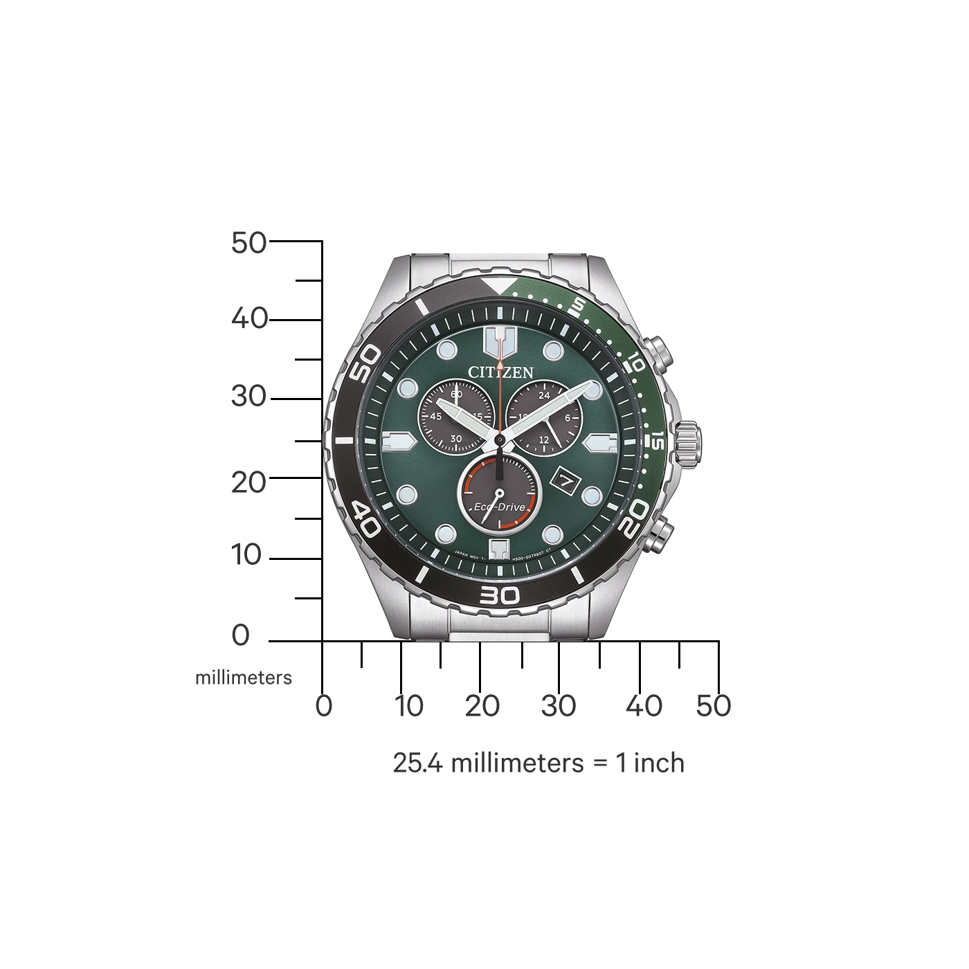 Citizen horloge met groene wijzerplaat en meetschaal, met millimeters en inches.