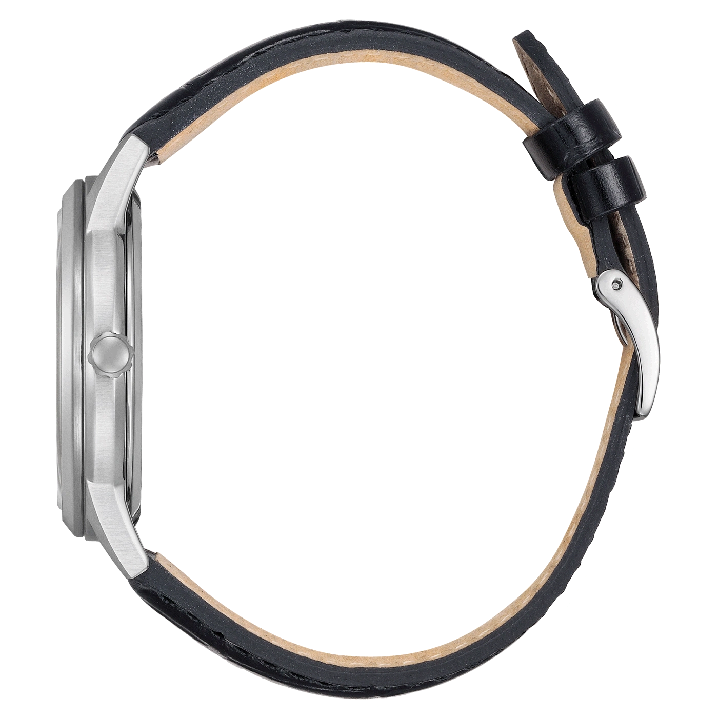 Zijaanzicht van een zilveren horloge met een zwarte leren band.