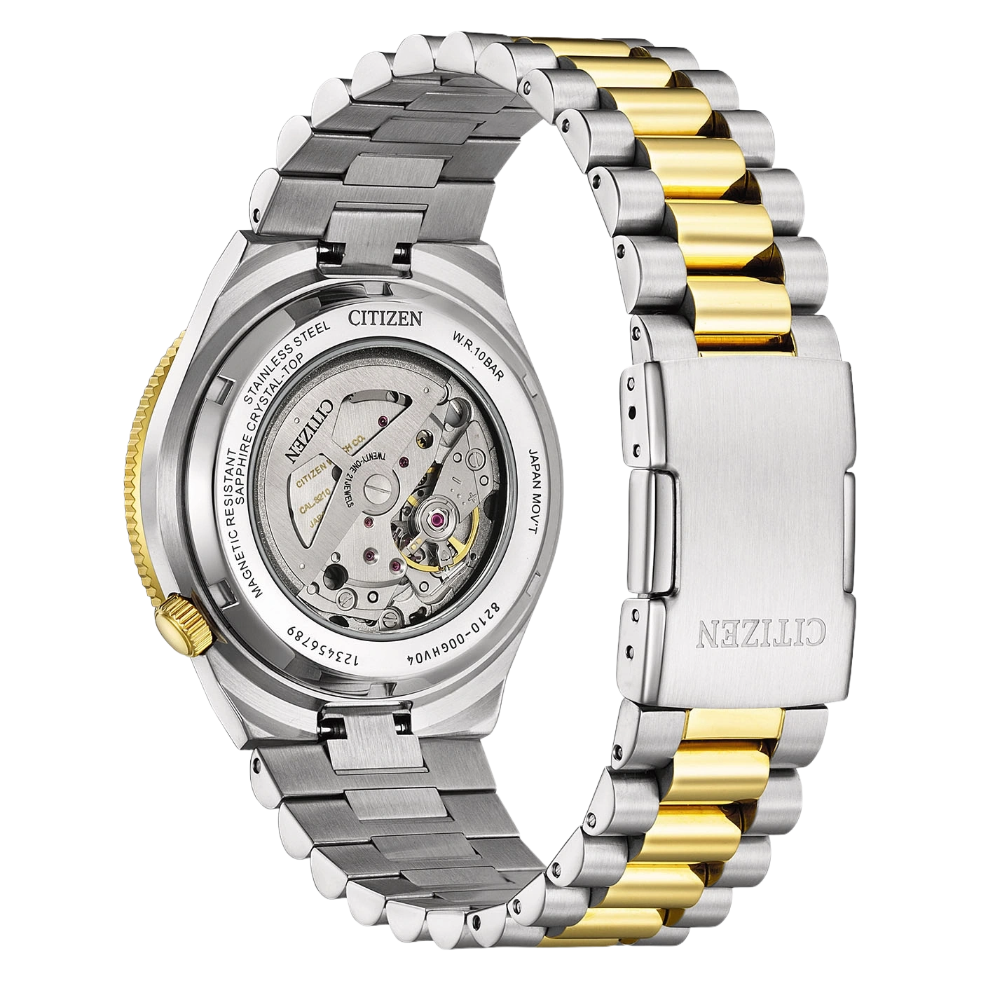 Achterkant van een tweekleurig Citizen horloge van roestvrij staal en goud met een glazen achterkant.
