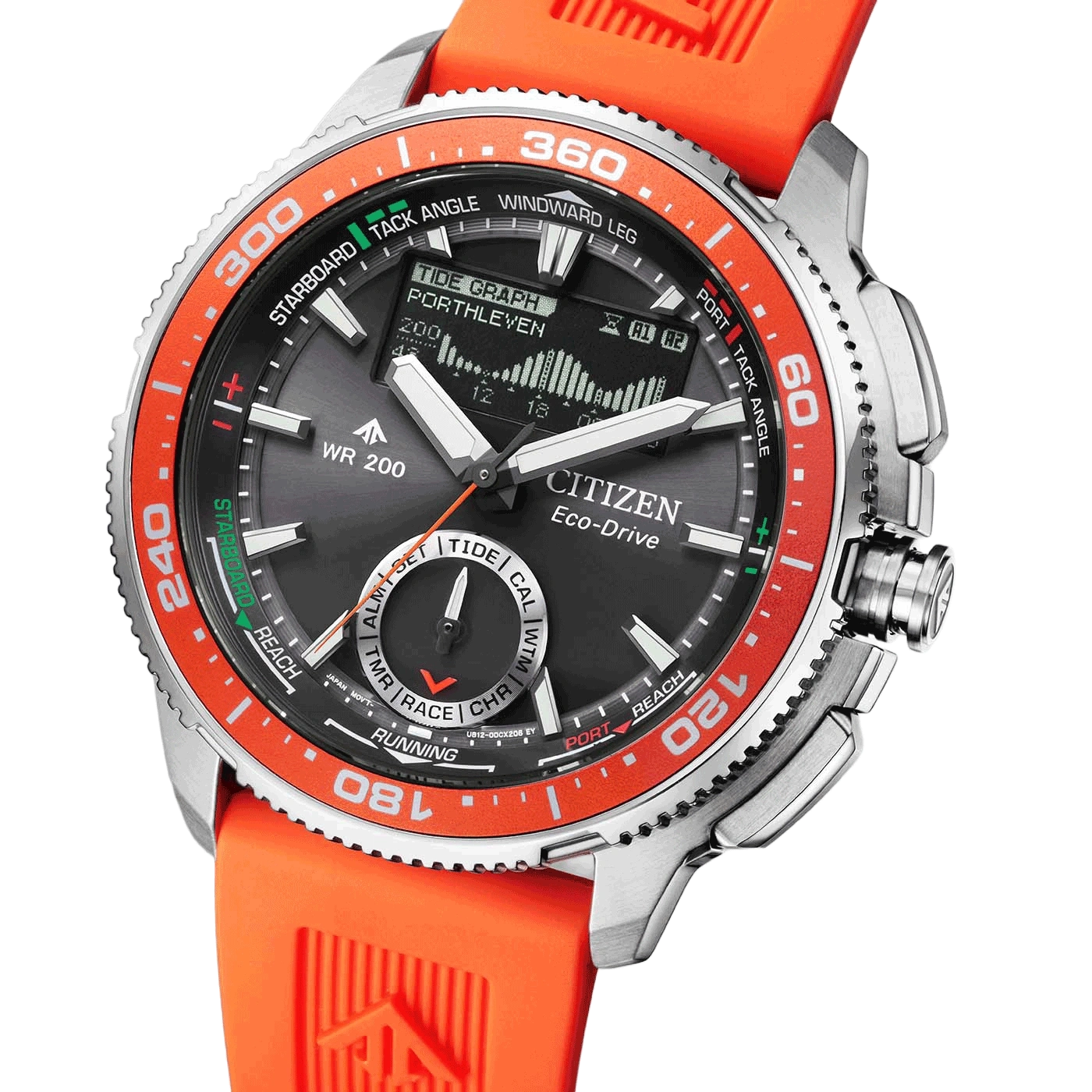 Citizen Eco-Drive horloge met oranje band en zwart wijzerplaat.