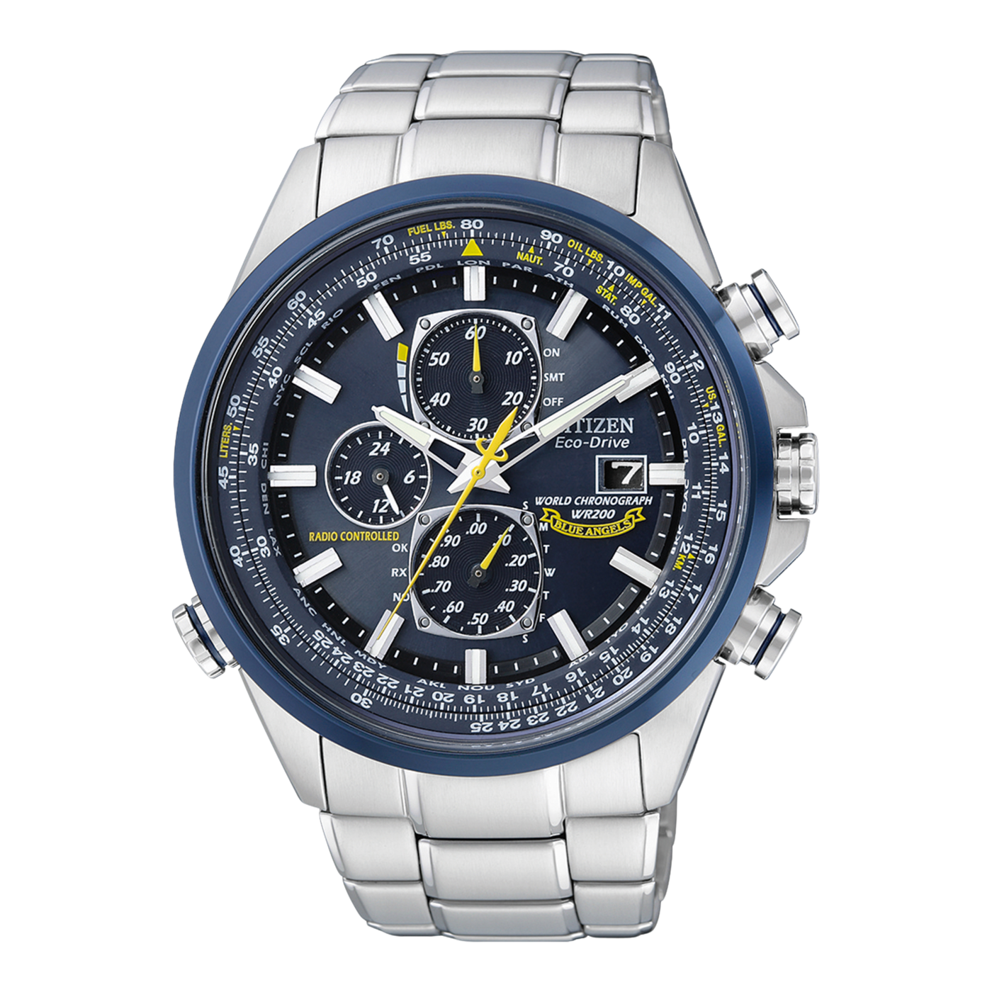 Citizen Blue Angels horloge met chronograaf en wereldtijdfuncties, roestvrij staal.