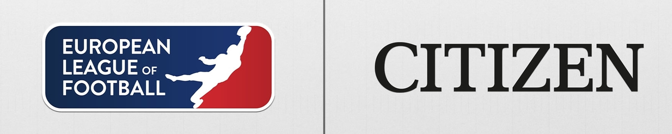 Logo's van European League of Football en Citizen op een witte achtergrond.