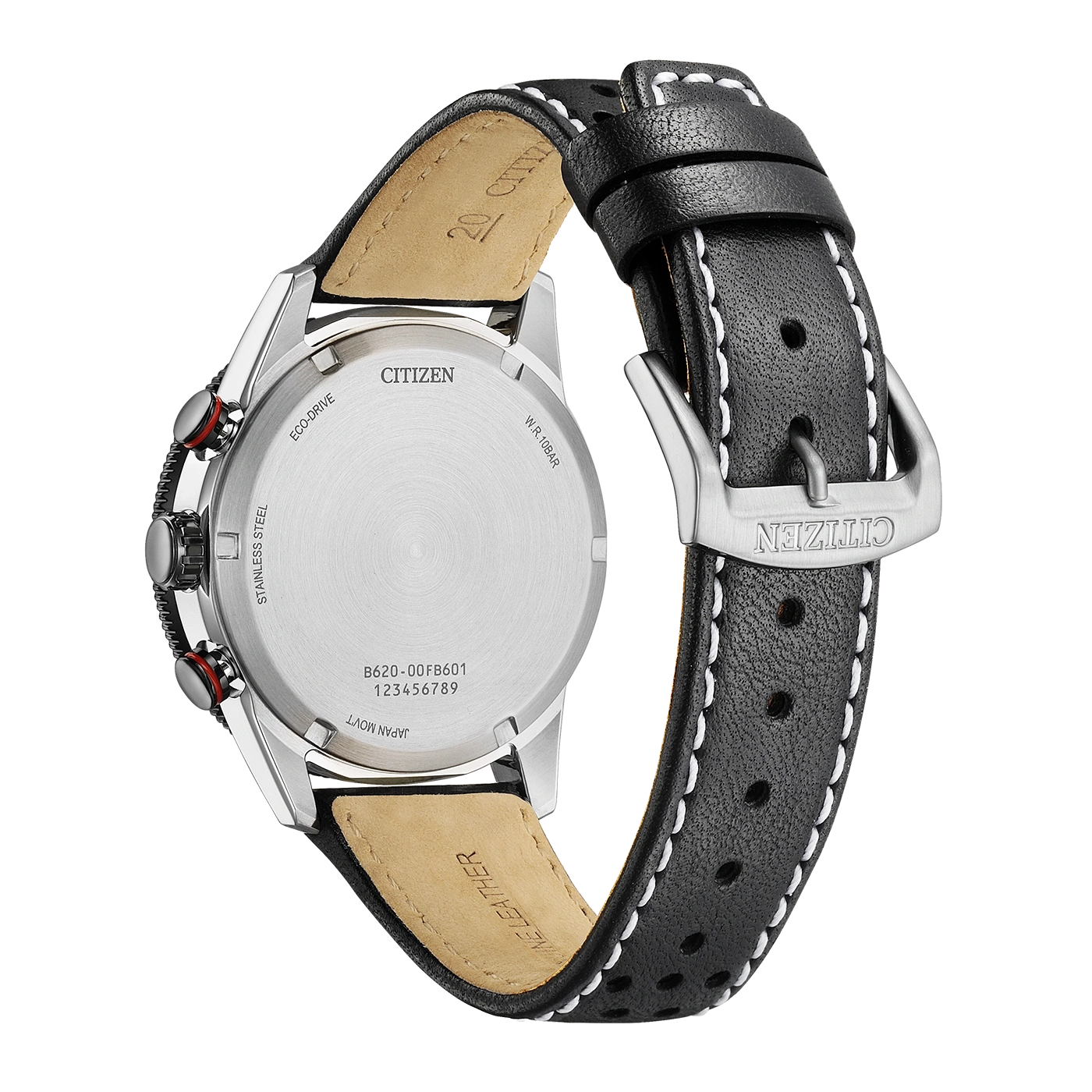 Achterkant van een zwarte leren Citizen Eco-Drive horloge met witte stiksels.
