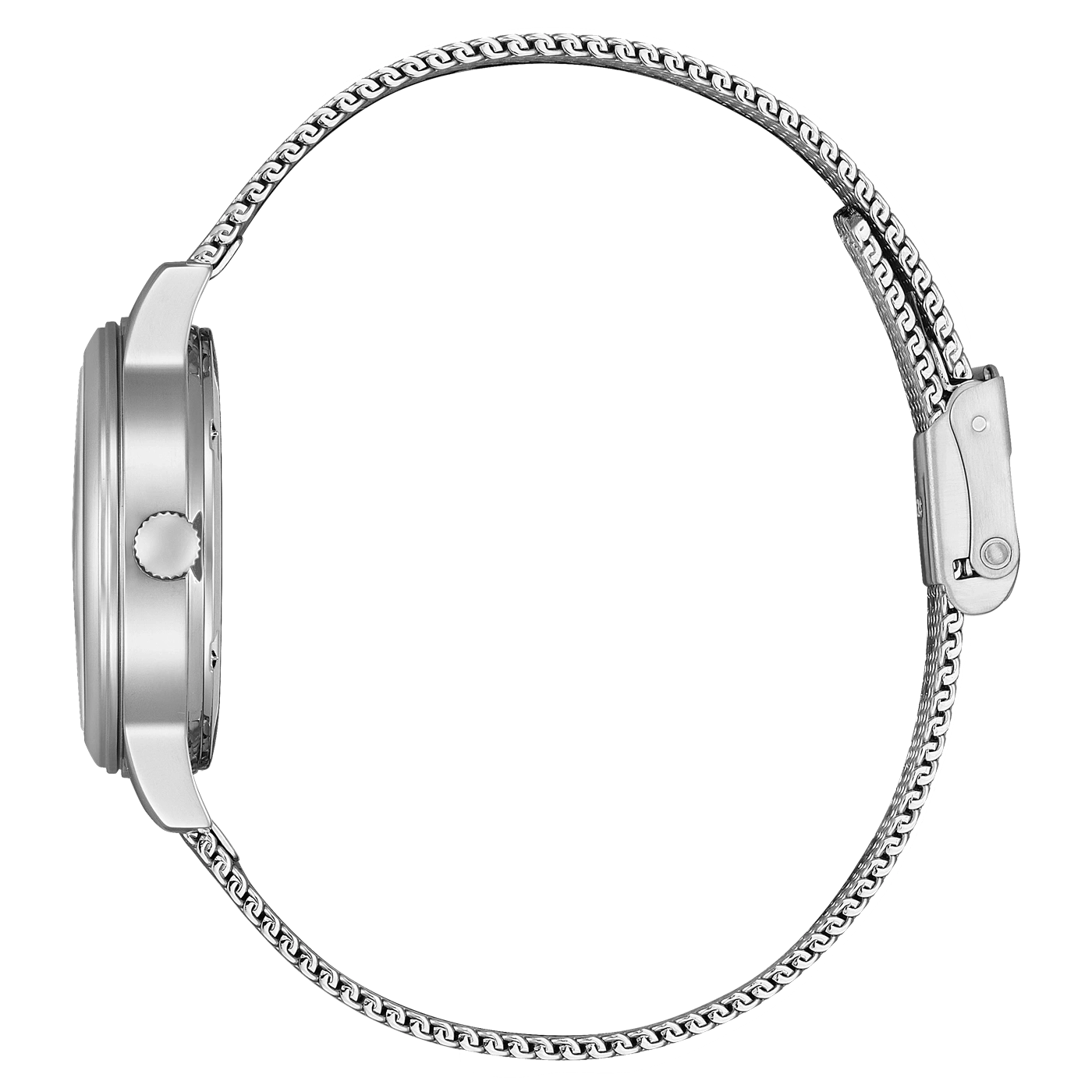 Zilveren horloge met mesh band, zijaanzicht, elegant design, moderne stijl.