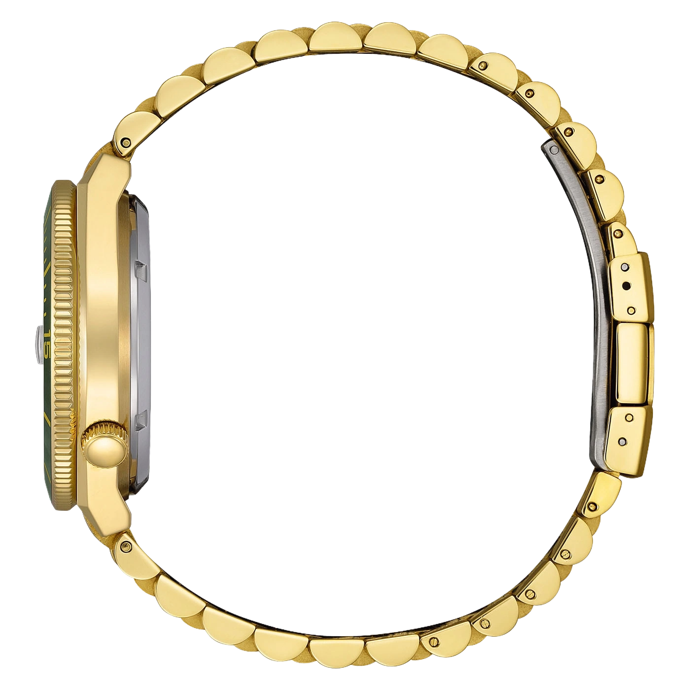 Een gouden horloge met groene lunette en metalen band.