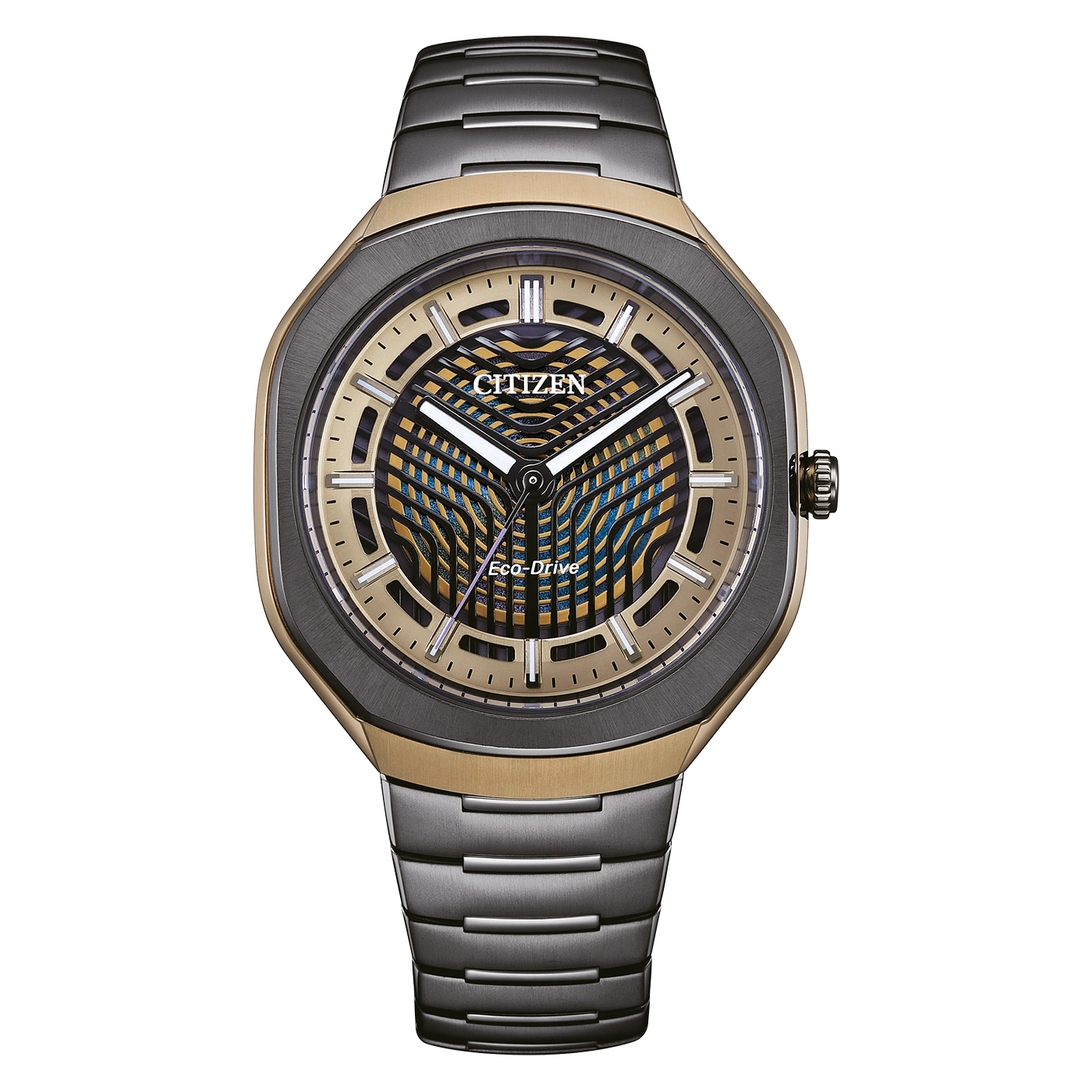 Een Citizen Eco-Drive horloge met een goudkleurig en blauw patroon op de wijzerplaat en een metalen band.
