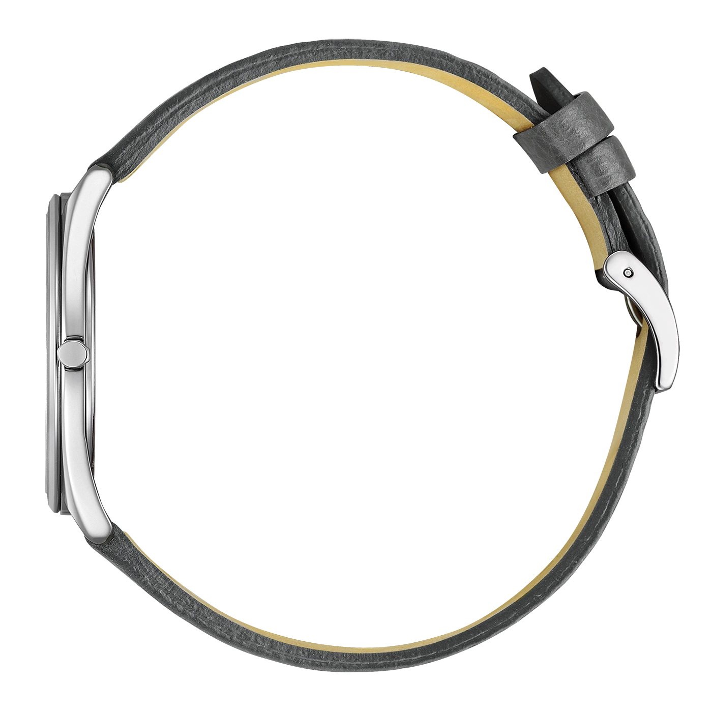 Een zilveren horloge met een grijze leren band, elegant en stijlvol.