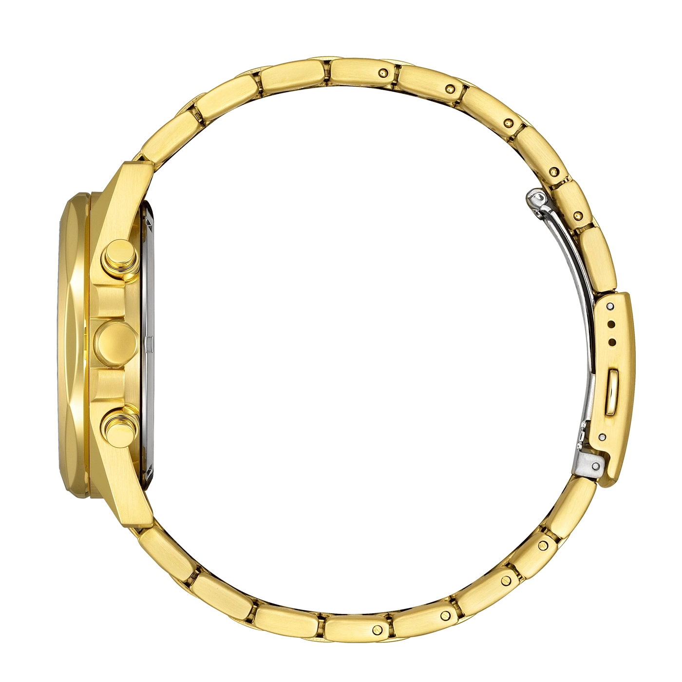 Gouden horloge, zijaanzicht, met de band en de wijzerplaat.