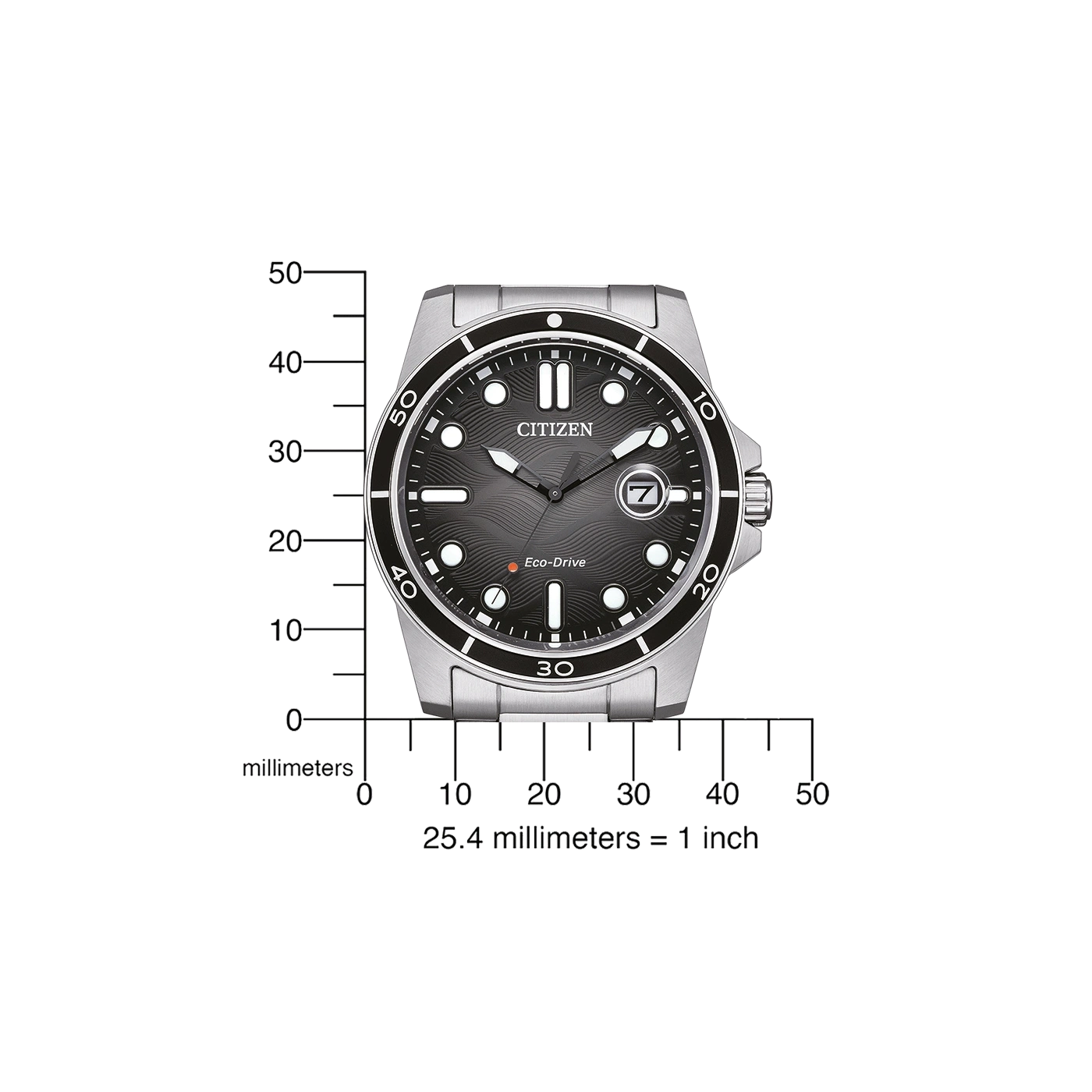 Citizen horloge met zwarte wijzerplaat, datumweergave en meetschaal in millimeters.