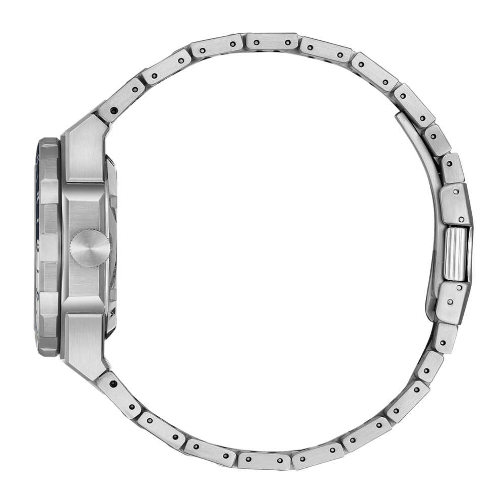 Zilveren horloge met metalen band, zijaanzicht, modern design, elegant accessoire