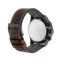 Citizen horloge met bruin lederen band, zwarte kast en witte stiksels.
