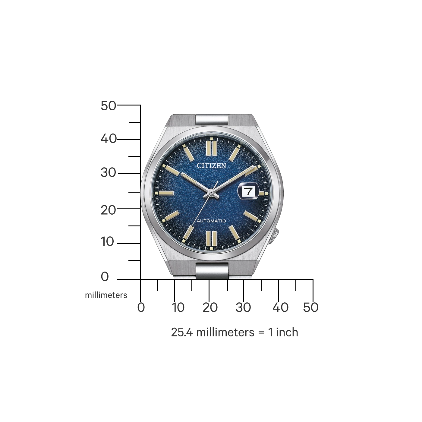 Citizen horloge met blauwe wijzerplaat, automatisch, datumweergave en millimeterschaal.