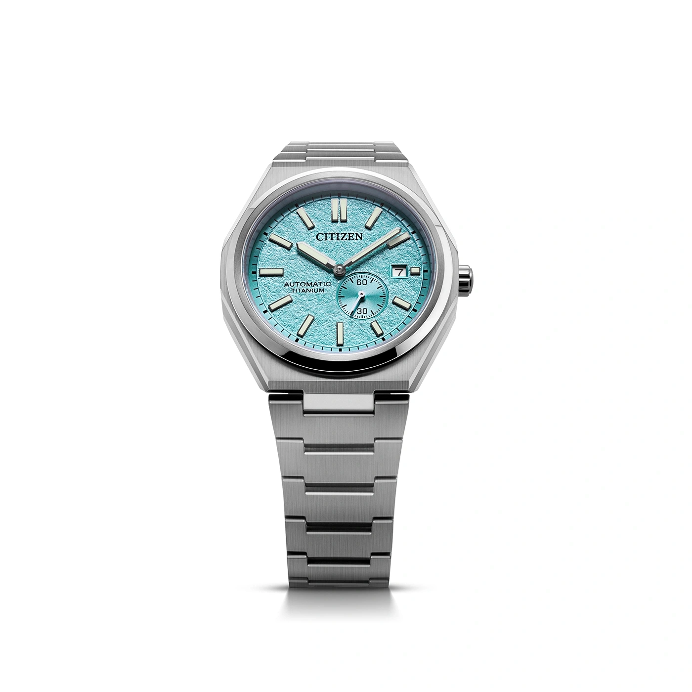 Citizen horloge met turquoise wijzerplaat en titanium band, elegant design.