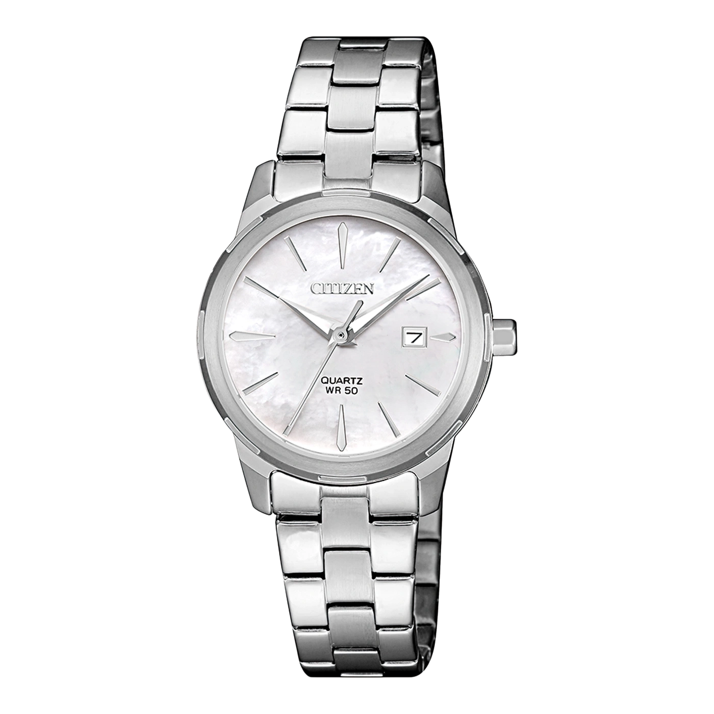Citizen horloge met zilveren band en witte wijzerplaat, quartz uurwerk.