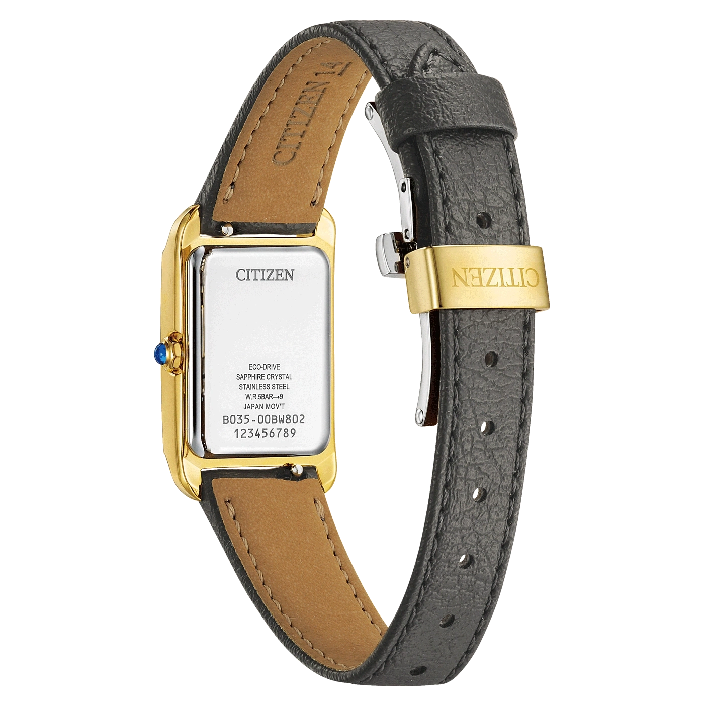 Citizen horlogerug, gouden kast, zwarte leren band, model B035-00BW802, saffierkristal.